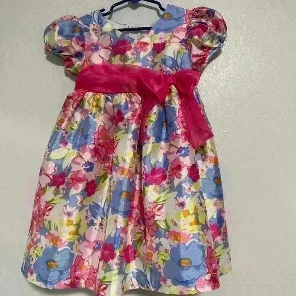 Ashley Ann Girls Floral Party Dress 4T Pink Blue Easter Spring Bow Waist Dress